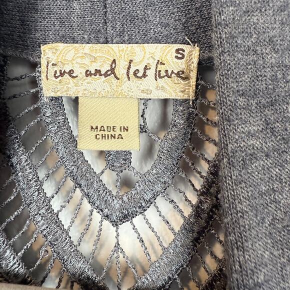 Live and Let Live Gray Cardigan Small Boho Crochet Back Drape Open Front - Picture 2 of 8